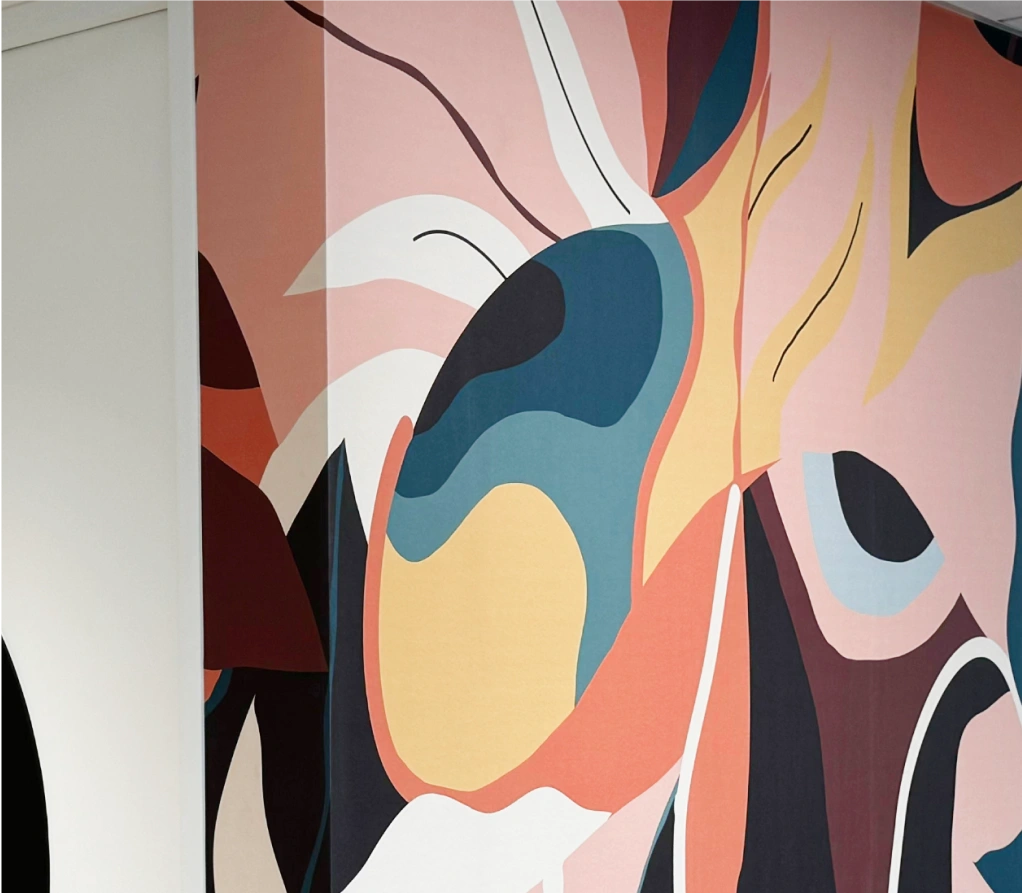 the wall's condition after the installation of abstract floral wallpaper